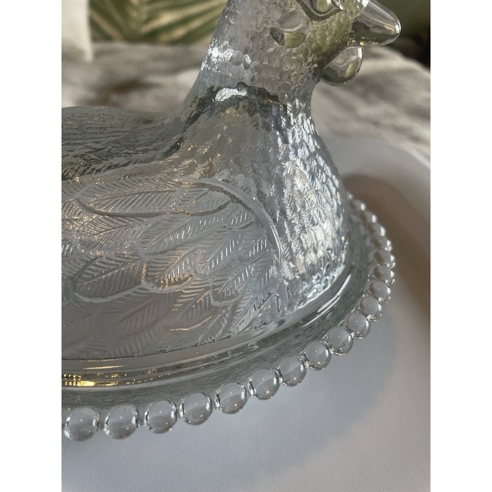 vintage "Hen on Nest" covered candy dish looks clear with a blue tint Perfect 7" - Picture 6 of 10